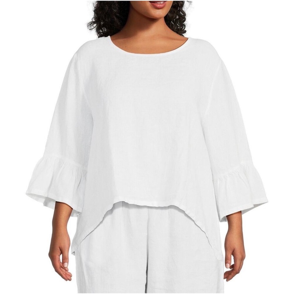 Bryn Walker Fran Linen Top White High-Low Ruffle Bell Sleeve Lagenlook - Medium